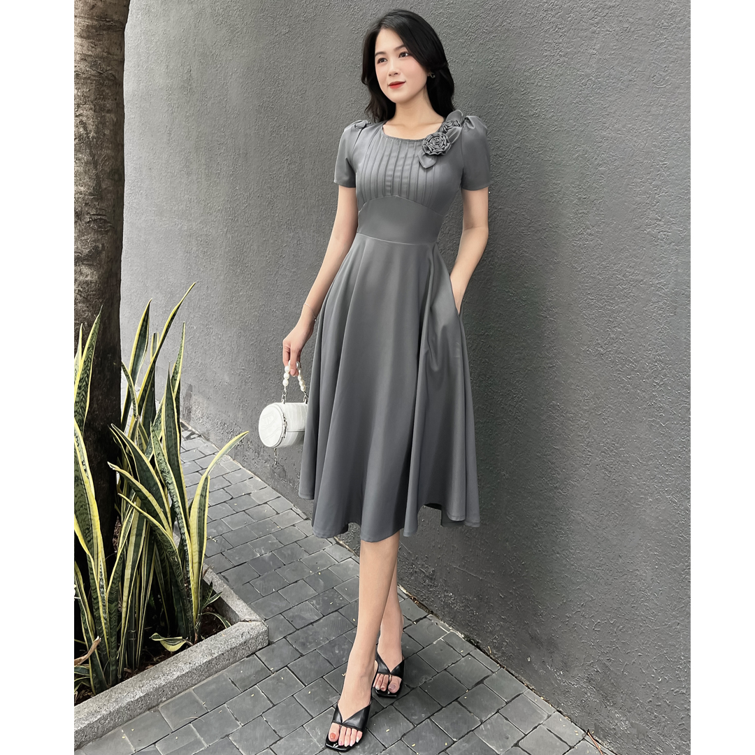 {HCM} Đầm xòe xếp li ngực kết hoa vải D075 -Lady Fashion - Khánh Linh Style