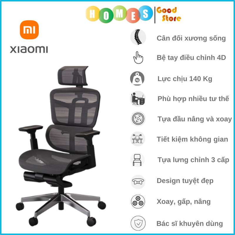 Ghế Xoay Công Thái Học Cao Cấp XIAOMI HBADA HDNY189BM Lưng Kép Đệm 4D, Tựa Tay Điều Chỉnh 4D, Tựa Lưng Chỉnh 3 Cấp, Bác Sĩ Khuyên Dùng - Hàng Chính Hãng