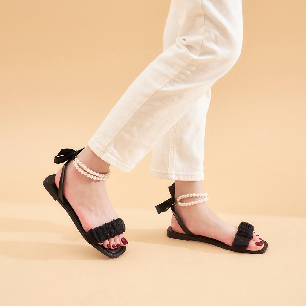 Giày sandal nữ MWC 2985 - Sandal Quai Ngang Nhún Cách Điệu Phối Quai Hậu Kết Ngọc Nữ Tính Thời Trang