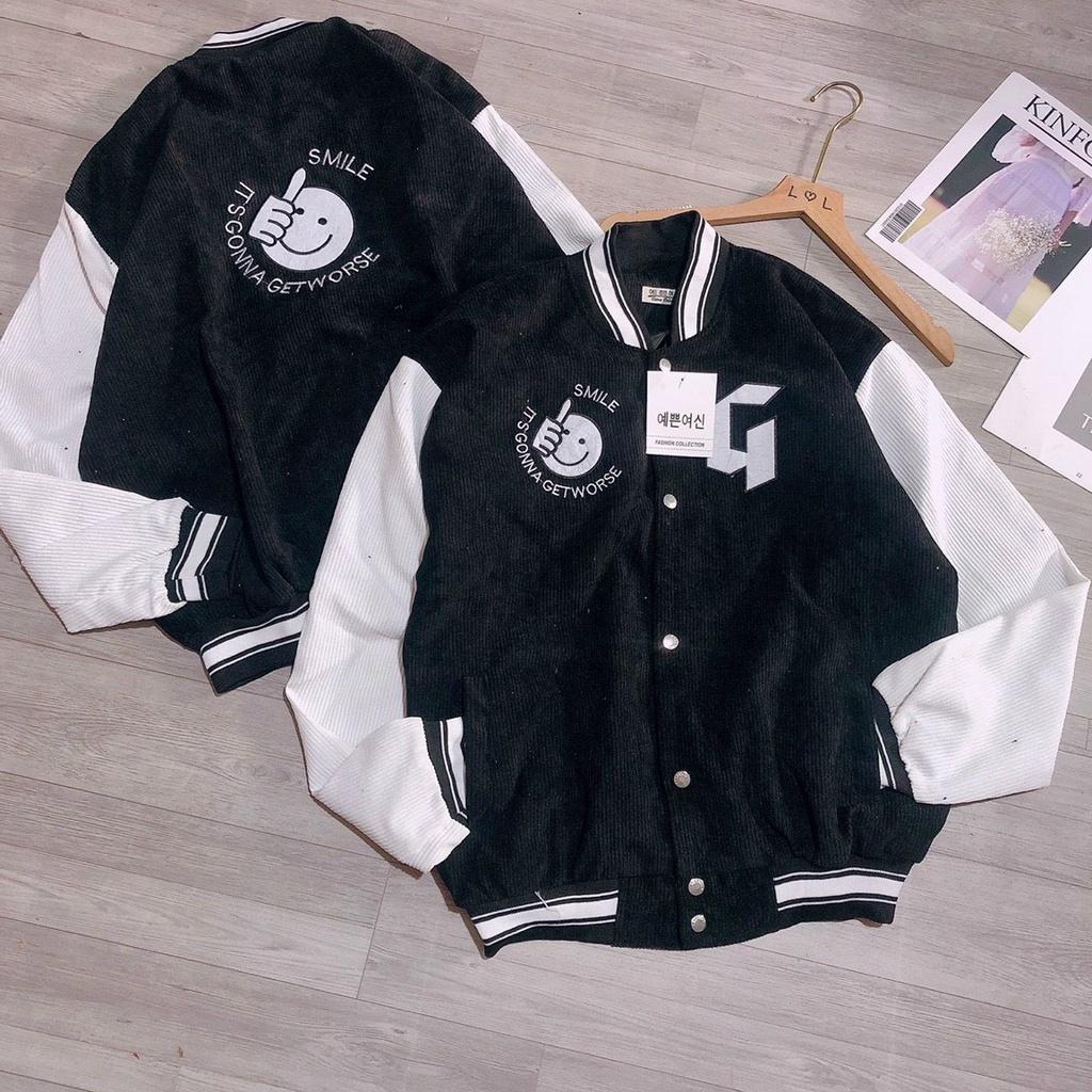 Áo Khoác Bomber Nhung Tăm 2 Lớp Thêu Hình Chữ G Mặt Cười Form Unisex Nam Nữ Giá Rẻ