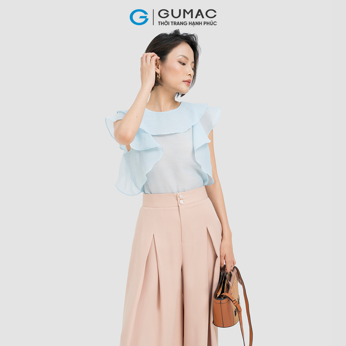 Quần dài nữ ống rộng phối ly thanh lịch tôn dáng thời trang GUMAC QD04025