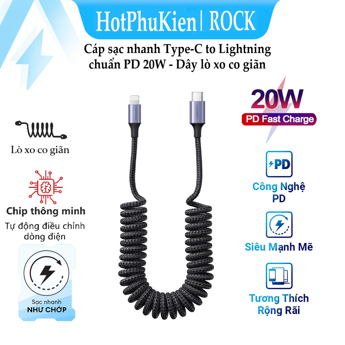 Dây cáp sạc lò xo sạc nhanh PD 20W USB C to Light chuẩn Type C PD 3.0 hiệu Rock Spring PD Cable cho iPhone / cho iPad / cho Airpods - hàng nhập khẩu