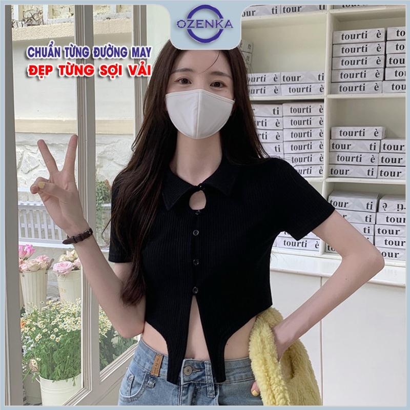 Áo croptop cổ bẻ tay ngắn ôm nữ , áo crt roptop kiểu hàn quốc body cài khuy mặc đi học đi chơi đen trắng