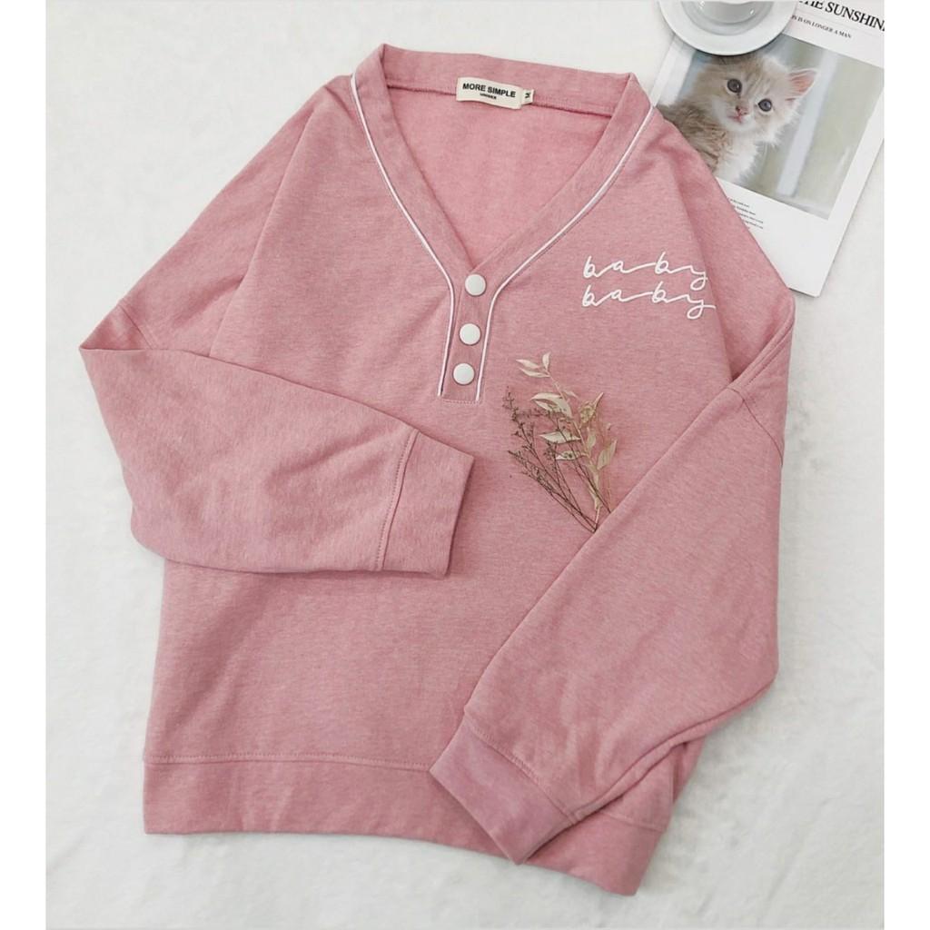 Áo Sweater Nỉ BABY Viền Cổ Phối Nút Form Rộng Ulzzang (Ảnh Thật)