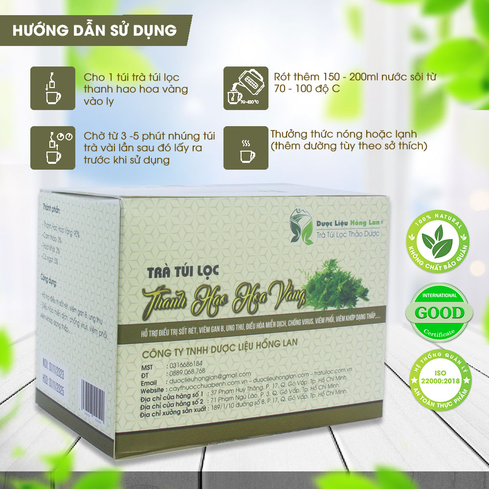 Trà Thanh Hao Hoa Vàng túi lọc hộp 60g (20gói x3g) Dược Liệu Hồng Lan - Hỗ trợ điều trị sốt rét, Viêm Gan B, ung thư, điều hòa miễn dịch, chống virus, viêm phổi, Viêm khớp dạng thấp,....