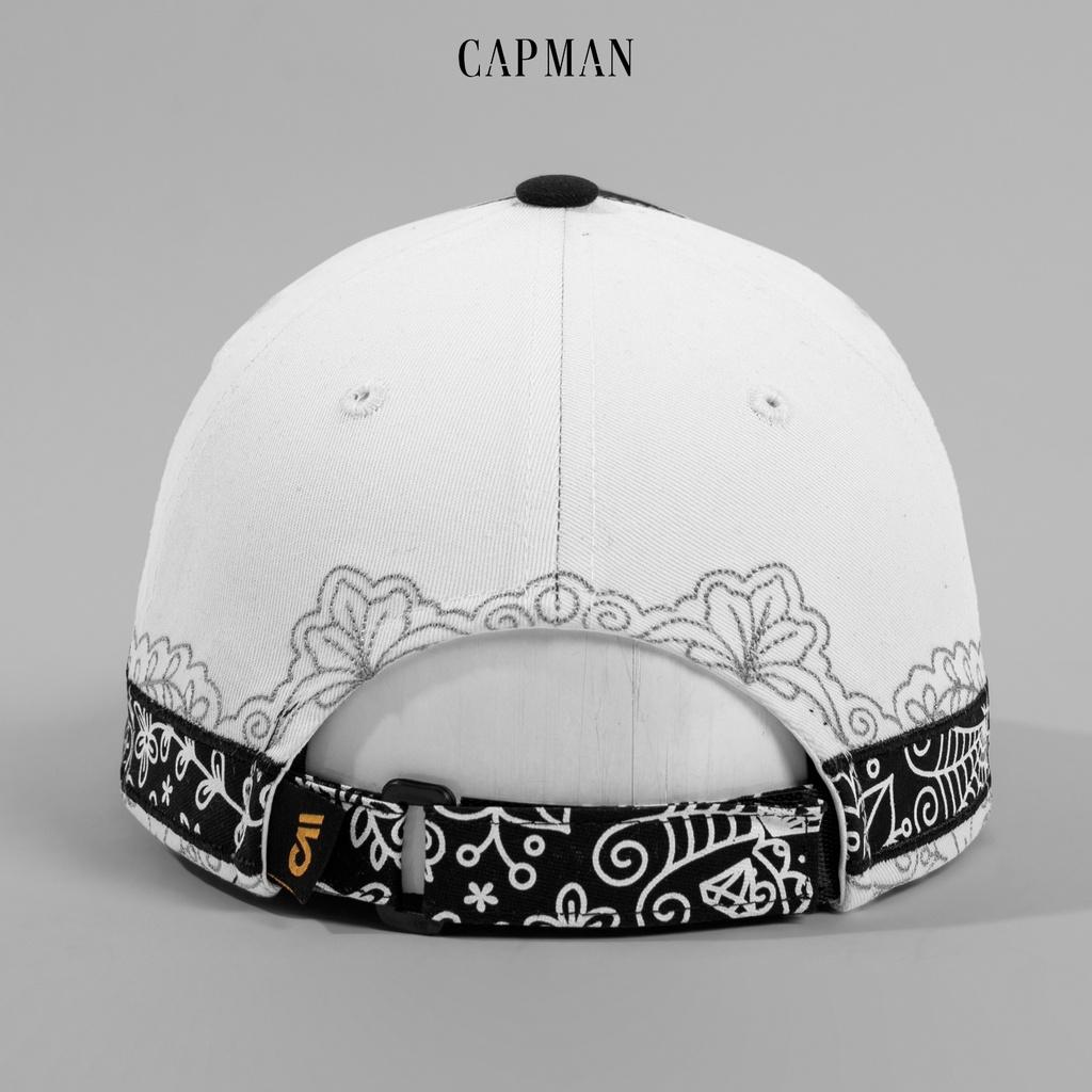 Mũ lưỡi trai chóp vuông CAPMAN CM64 dáng thể thao ôm đầu màu đen hoa văn viền lưỡi nón
