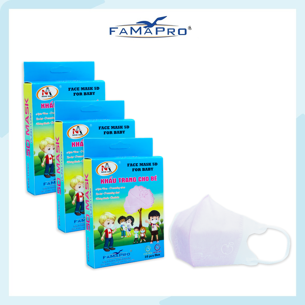 - Khẩu trang y tế trẻ em kháng khuẩn 3 lớp Famapro 5D Baby - COMBO 3 HỘP