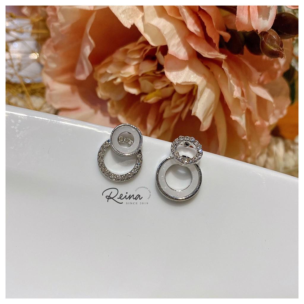 Khuyên tai nữ phong cách hàn quốc Zircon hình tròn bất đối xứng vàng ánh bạc Reina đính hạt cao cấp