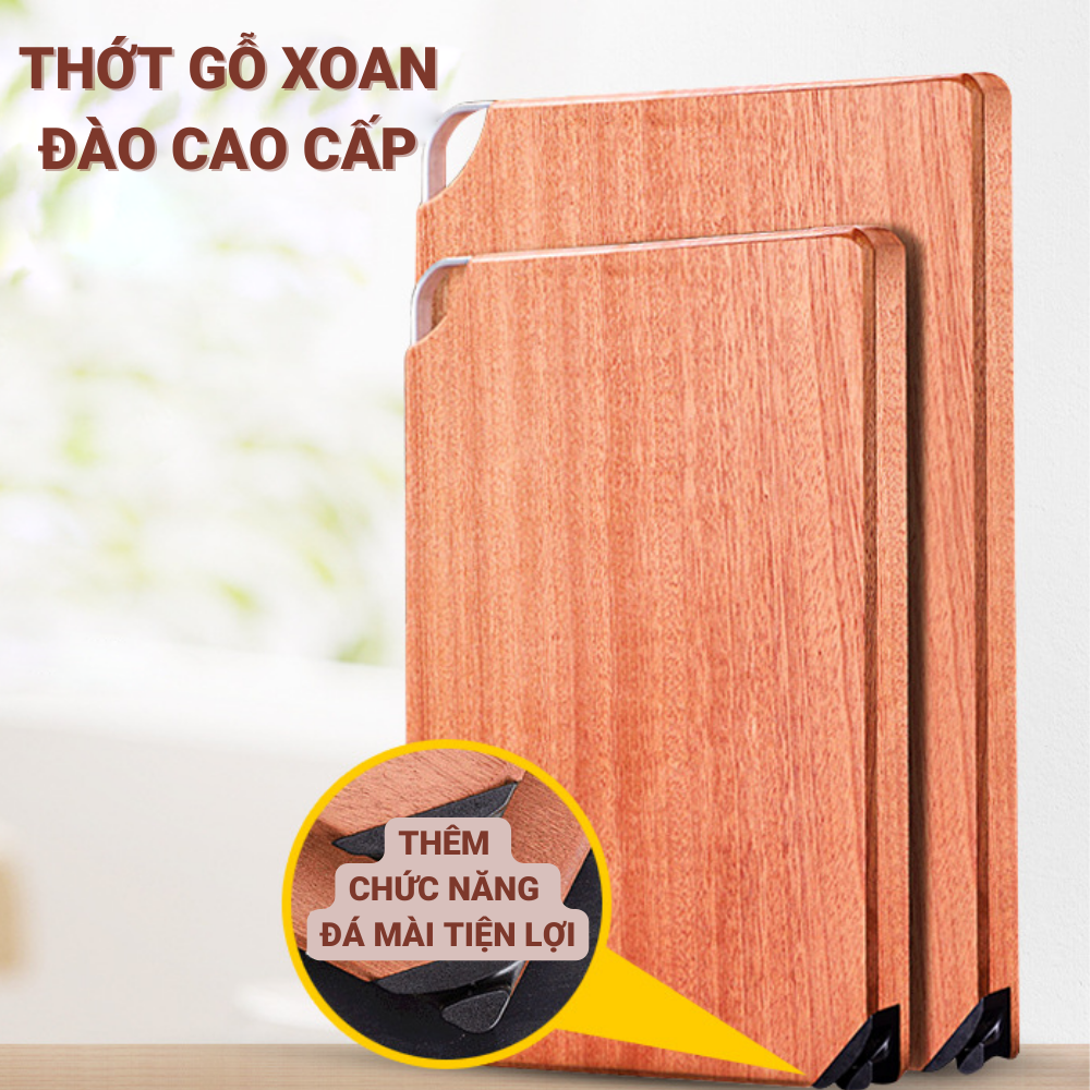 Thớt Gỗ Xoan Đào Cao Cấp GAGI Mã GC11 To Dày, Có Rảnh Thu Nước, Thiết Kế Thông Minh Tích Hợp Đá Mài Và Khe Cắm Điện Thoại, Móc Treo Tiện Lợi - Hàng Chính Hãng