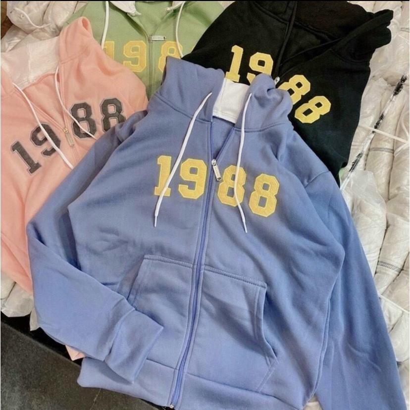 Áo Khoác Hoodie Kiểu Zip Kéo 1988 Phối Nón Rộng Che Nắng Giữ Nhiệt Đa Năng Thiết Kế Đơn Giản Tinh Tế Siêu Đẹp