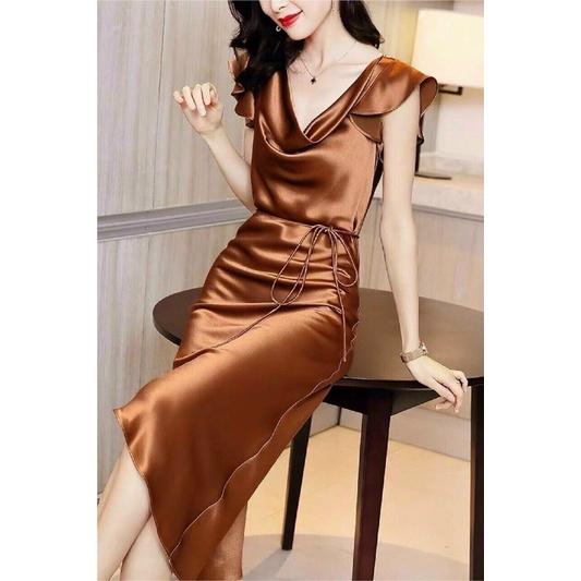Đầm body trơn cổ đổ tay bèo cột nơ sexy sang chảnh
