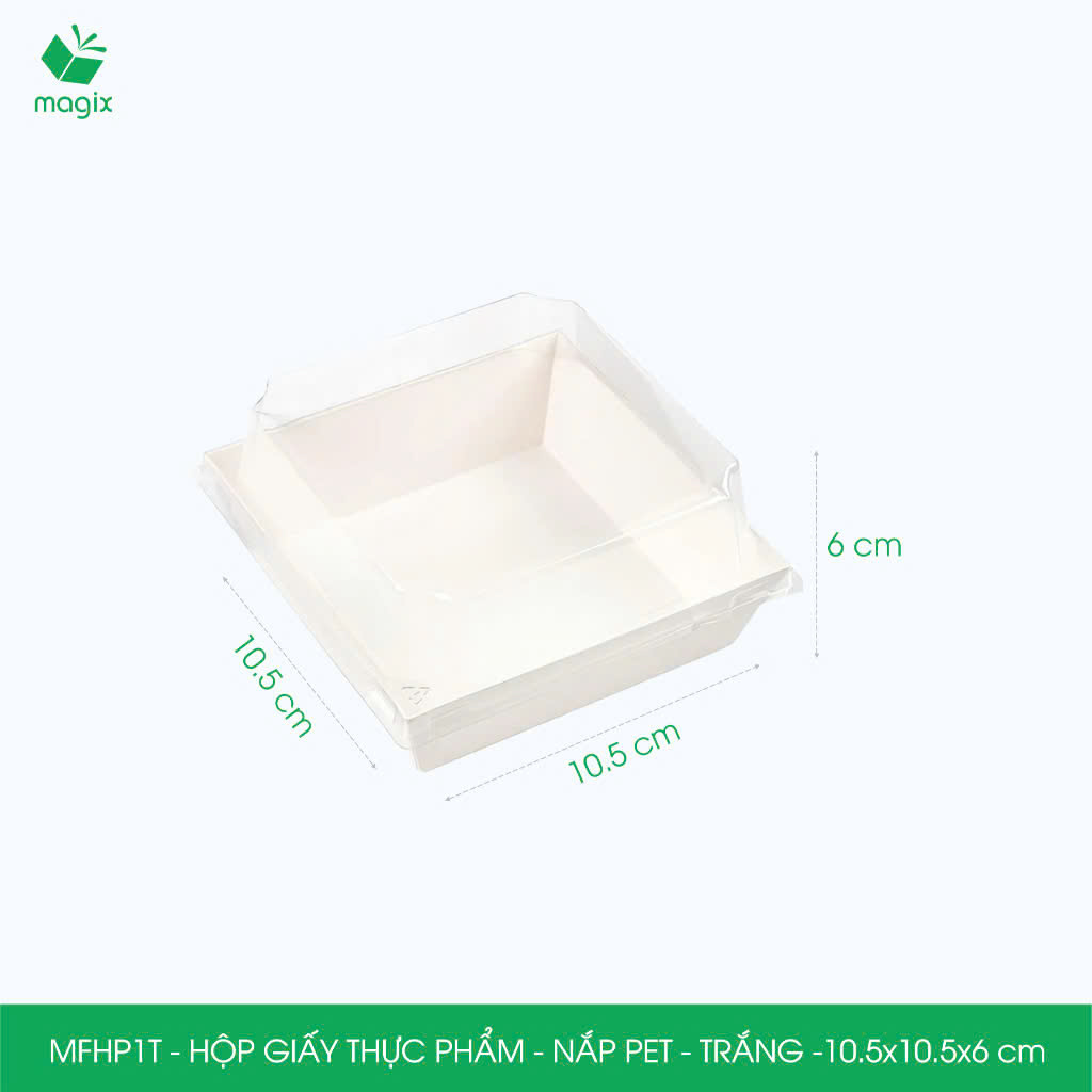MFHP1T - 10.5x10.5x6 cm - 50 hộp giấy thực phẩm màu trắng nắp Pet, hộp giấy vuông đựng thức ăn, hộp bánh nắp trong