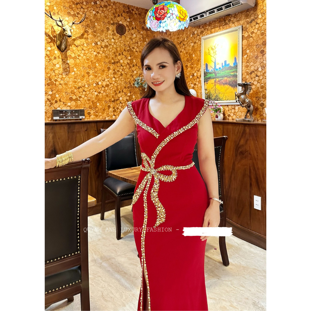 Đầm Dạ Hội Xẻ Tà Kết Nơ Đá Trễ Vai Katy Dress