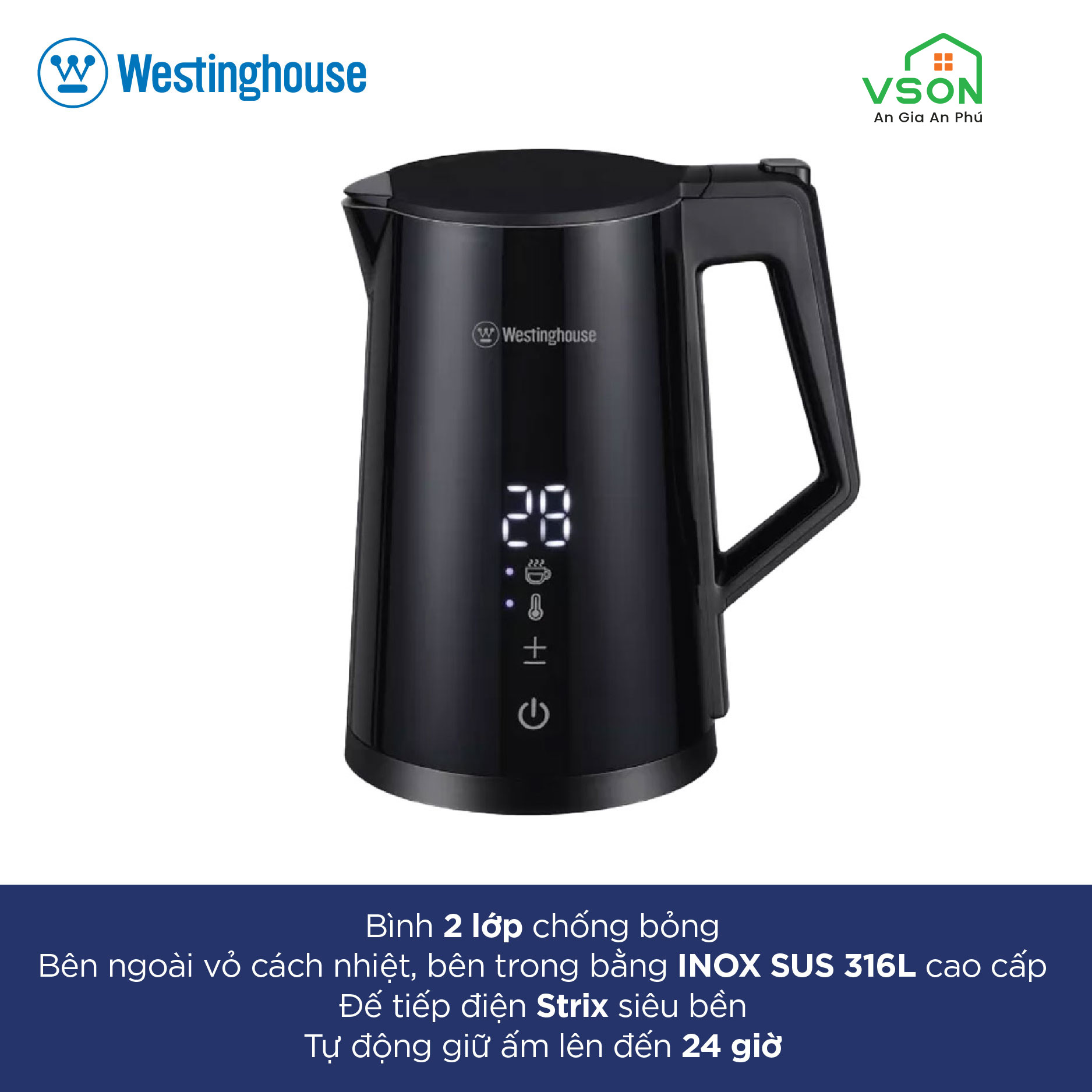 Ấm đun siêu tốc cao cấp WestingHouse WKWK3815 Dung tích 1.7L Công suất 2200W - Hàng chính hãng Mỹ