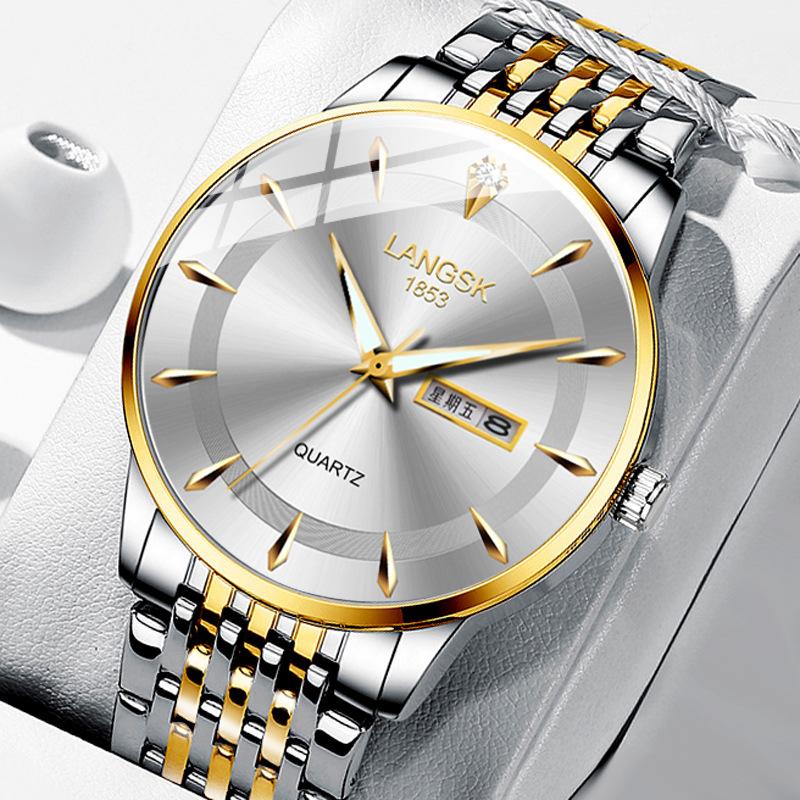 Phong cách mới nhất Lang Shi Kai đồng hồ nam mới chống thấm nước dạ quang lịch đôi phiên bản Hàn Quốc của đồng hồ thạch anh dây thép nam