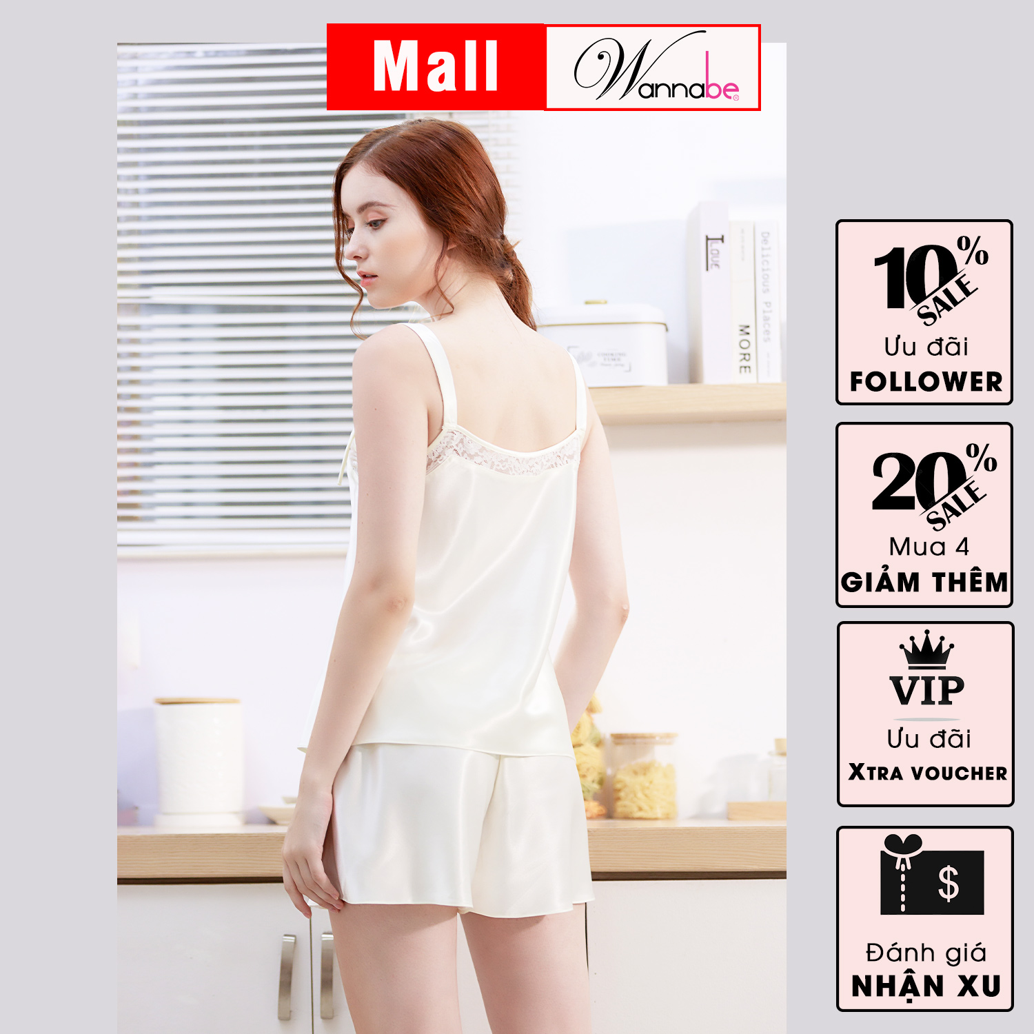 Đồ bộ mặc nhà phi lụa cao cấp WANNABE BSS54 bộ sọt 2 dây bản 2 cm thắt nơ điệu đà nữ tính nhẹ nhàng xinh xắn