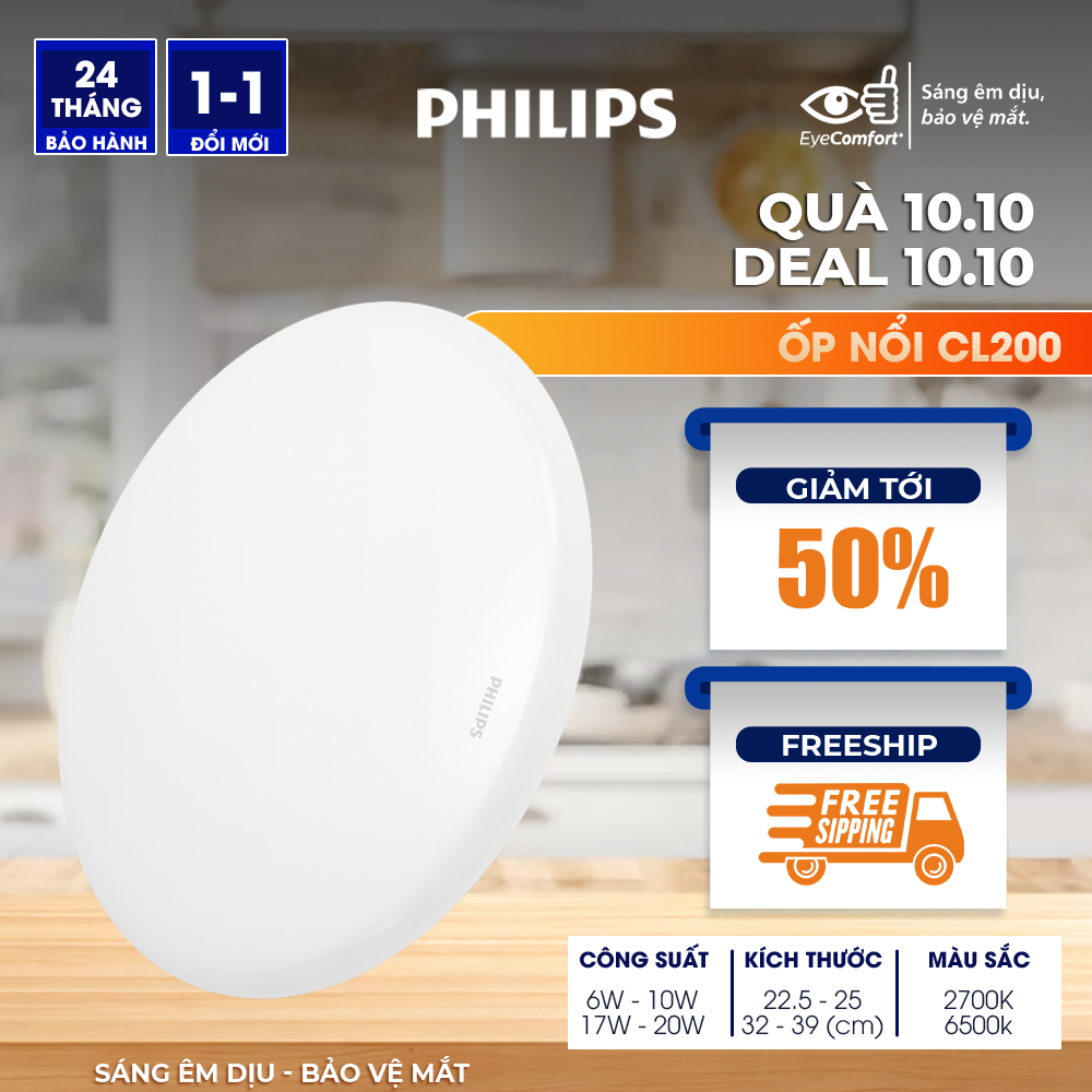 Bộ đèn PHILIPS LED ốp trần tròn CL200 - Công suất  6W, 10W,17W,20W ánh sáng vàng, ánh sáng trắng - 10W - Ánh sáng trắng 6500K