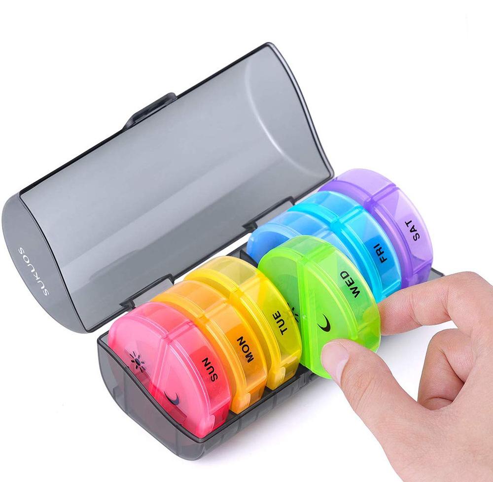 Hộp thuốc sáng 7 ngày, hộp thuốc xung quanh 7 ngày, 2 ngăn, hộp đựng thuốc chống ẩm tiện dụng, hộp đựng thuốc