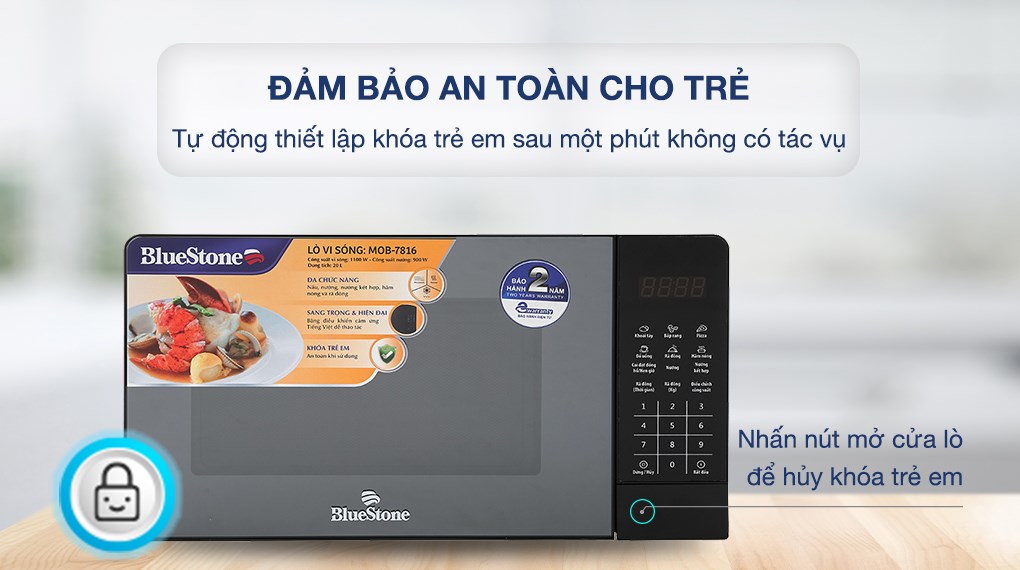 Lò Vi Sóng Điện Tử Có Nướng BlueStone MOB-7816, 1100W - 20Lit, 8 Chế Độ Nấu, Hàng Chính Hãng