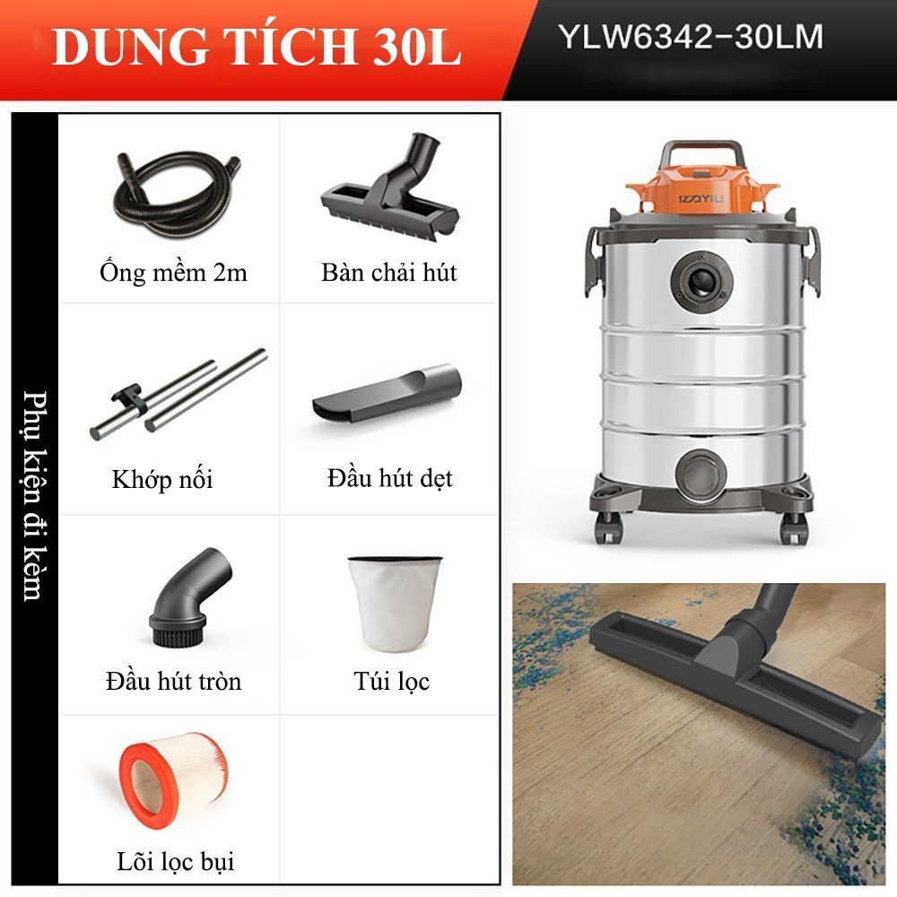 Máy Hút Bụi Công Nghiệp Yili YLW6342 Công Suất Cao 1400W Lực Hút Lớn, Dung Tích 30 Lít Thùng Chứa Inox Không Gỉ, Máy Đa Chức Năng Sử Dụng Trong Gia Đình Và Công Nghiệp.