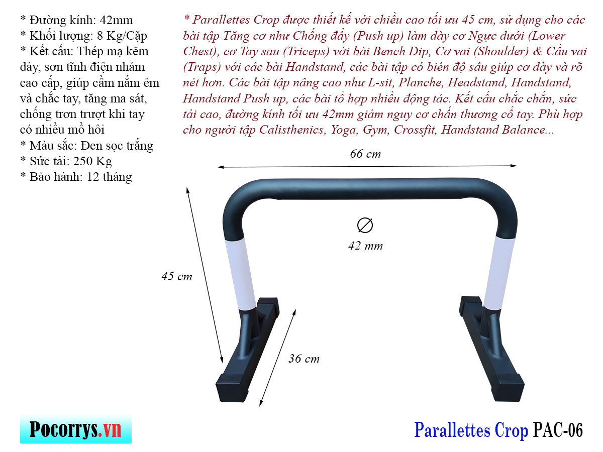 Xà kép Parallettes Crop cao 45cm, Pocorrys PAC-06, Màu đen trắng