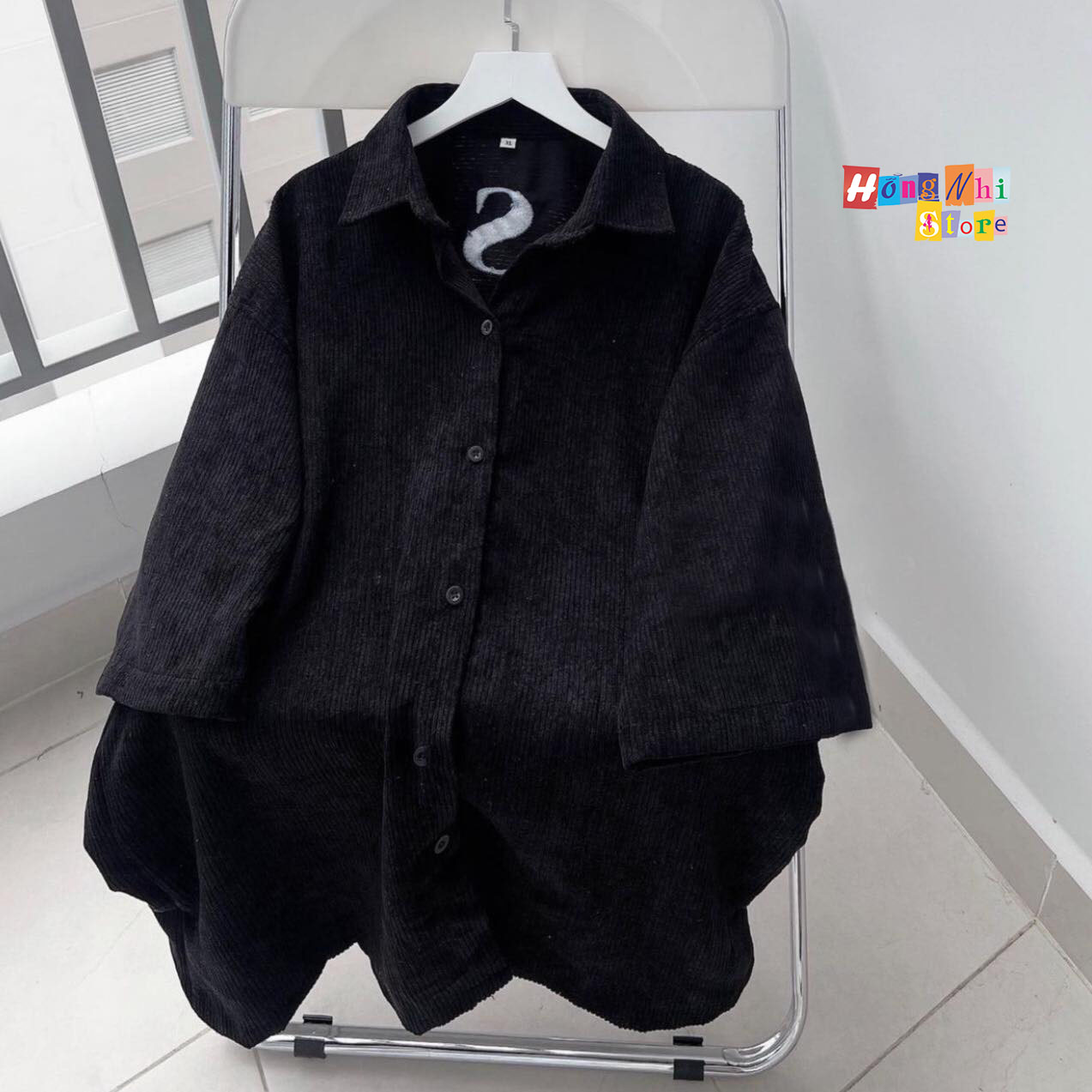 Áo Sơ Mi Nhung Tăm Thêu Chữ S Bắt Tay Dáng Rộng Nam Nữ Ulzzang Unisex - MM
