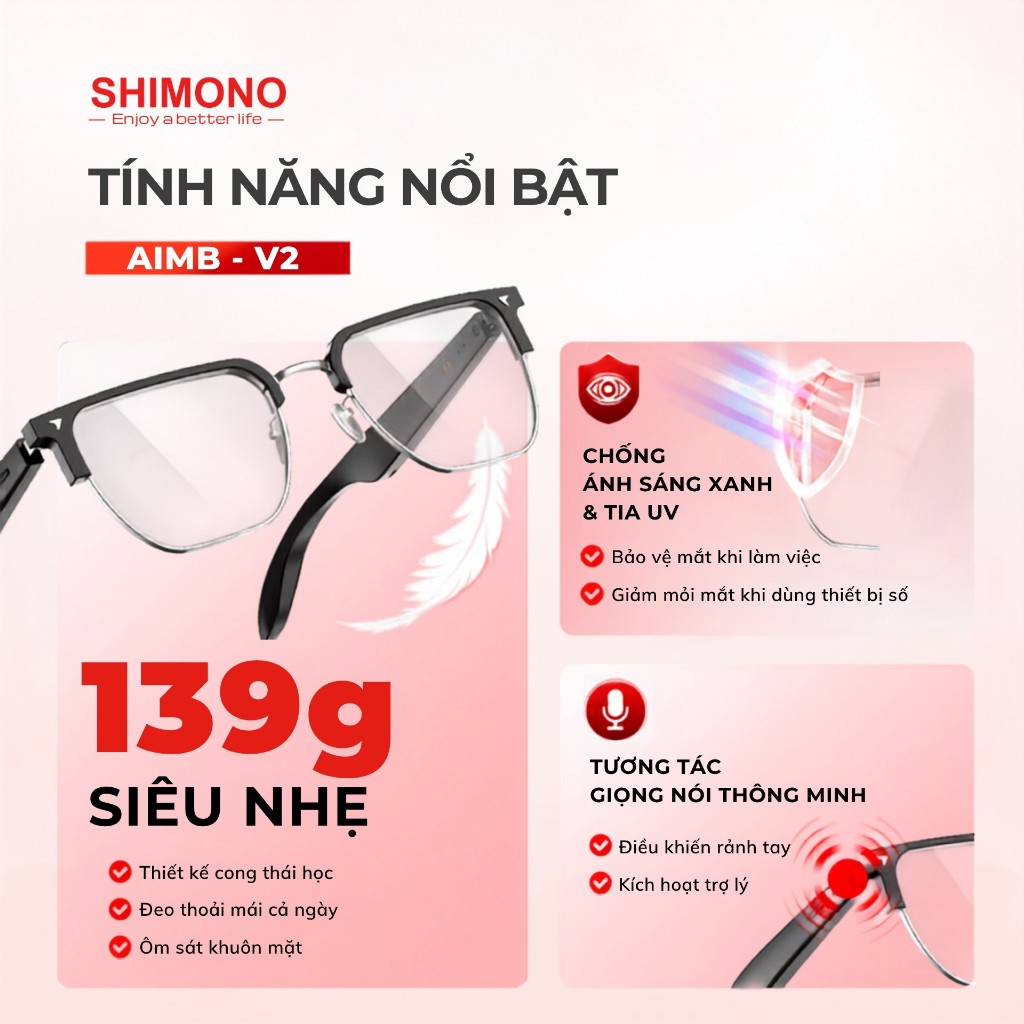 Kính Thông Minh Bluetooth SHIMONO AIMB-V2 Nghe Nhạc OpenEar, Đàm Thoại Rảnh Tay, Điều Khiển Cảm Ứng Hàng Chính Hãng