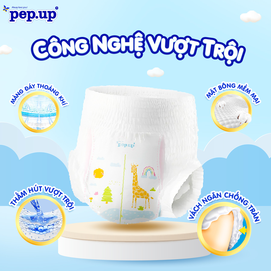 Tã/Bỉm Quần Em Bé Pep.up Cottony 3D Gói Đại Siêu Mềm Mại, Siêu Khô Thoáng, Kháng Khuẩn Size S/M/L/XL