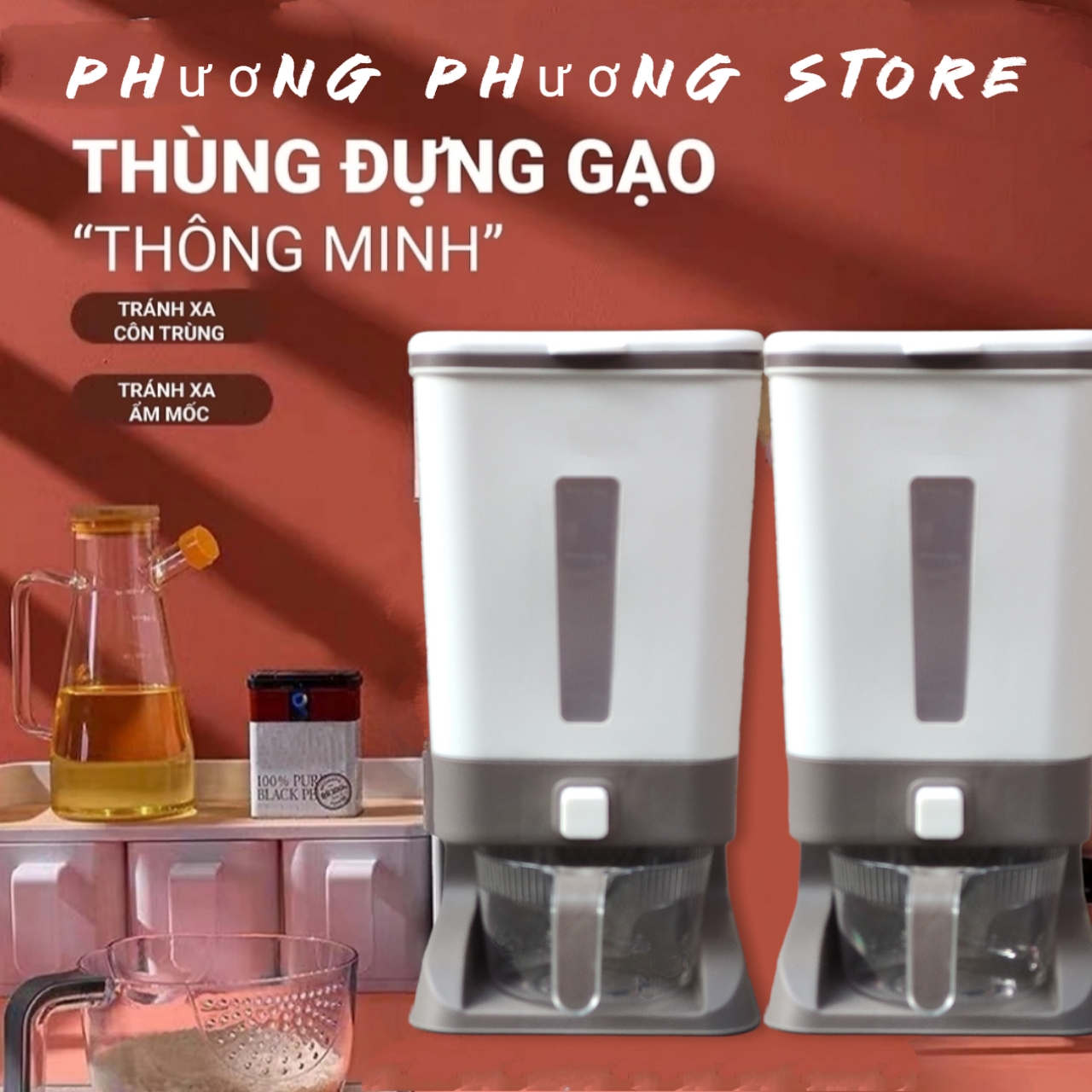 ( HÀNG CAO CẤP ) Thùng đựng gạo thông minh Hàng Xuất Nhật Care 6868 - thùng đựng ngũ cốc, chống côn trùng, ẩm mốc ( tặng vỉ dán tường to )