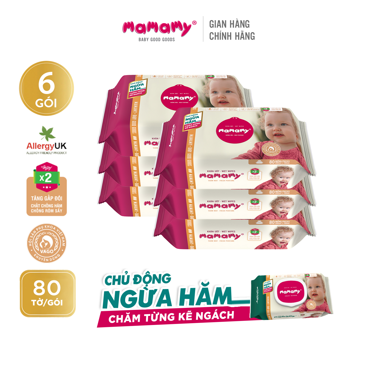 Combo 6 gói khăn ướt ngừa hăm, rôm sảy Mamamy 80 tờ/gói bổ sung , kháng khuẩn, an toàn cho trẻ sơ sinh