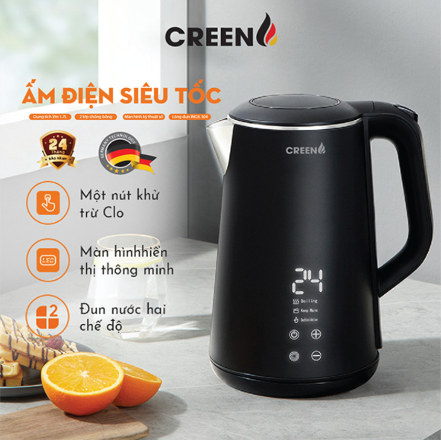 ( SIÊU PHẨM 2026 ) Ấm Siêu Tốc Khử Clo inox304 Creen CR-SW17B Dung Tích 1,7L Chuẩn Công Nghệ Đức - Điều Chỉnh Nhiệt Độ - Hàng Chính Hãng