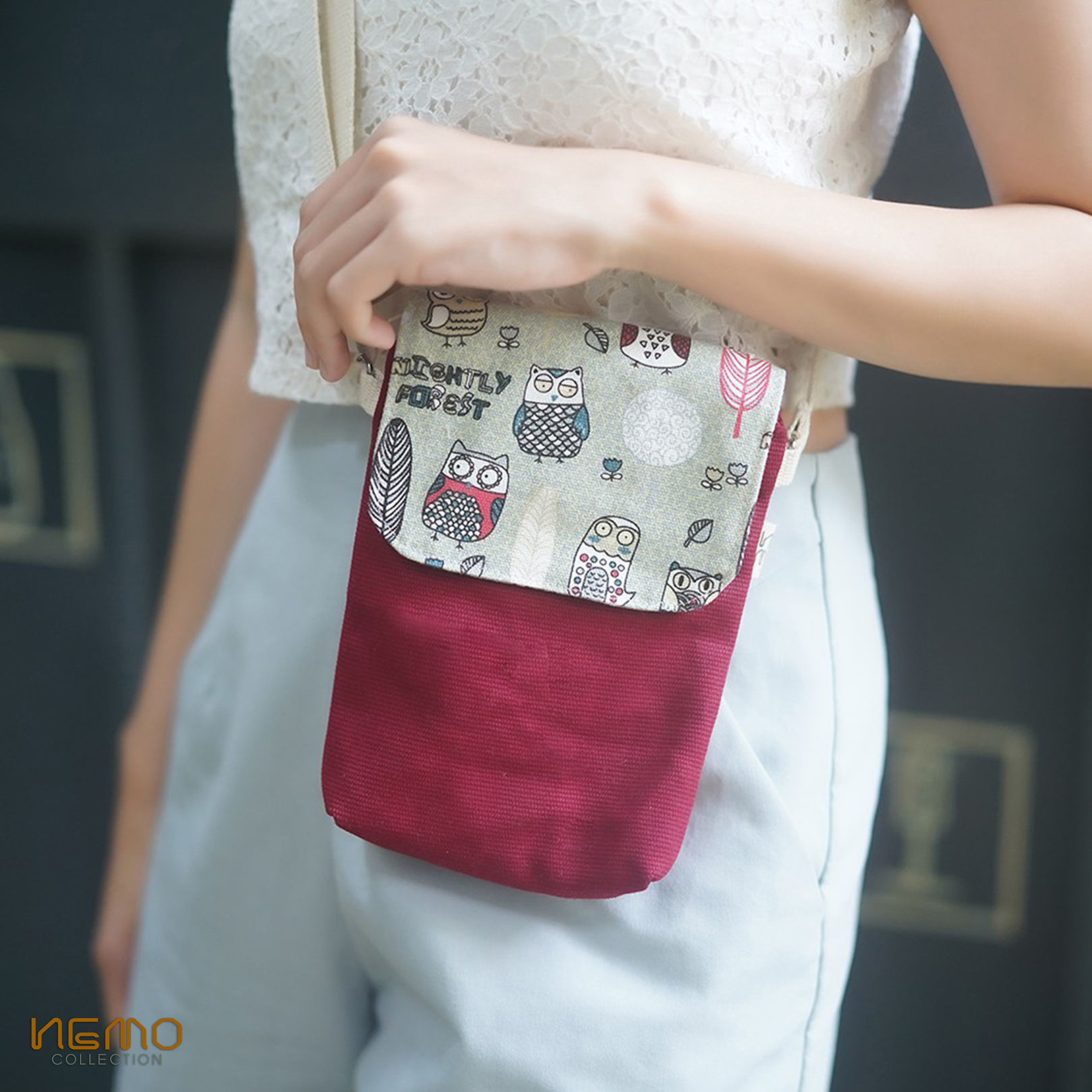 Túi Đeo Canvas, chất vải dày dặn, gồm 2 ngăn, họa tiết chim cú mèo Nemo Collection - TDC2M