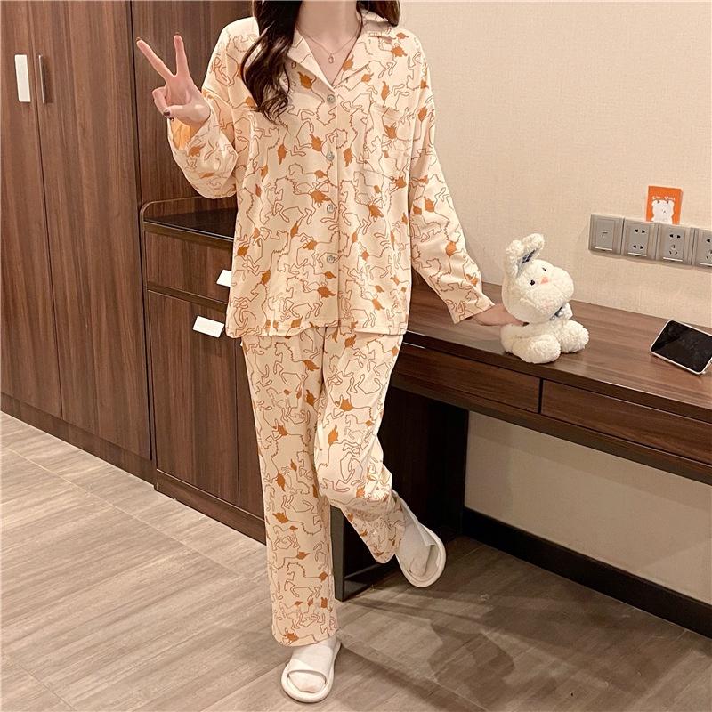 Đồ Mặc Nhà Pijama, Đồ Bộ Nữ Cotton Áo Dài Quần Dài Màu Kem Dễ Thương DDCP06