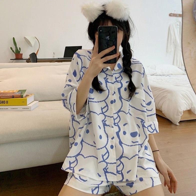 Bộ ngủ nữ cộc hình gấu, bộ pijama quần áo cộc ngắn in hình họa tiết trang trí dễ thương