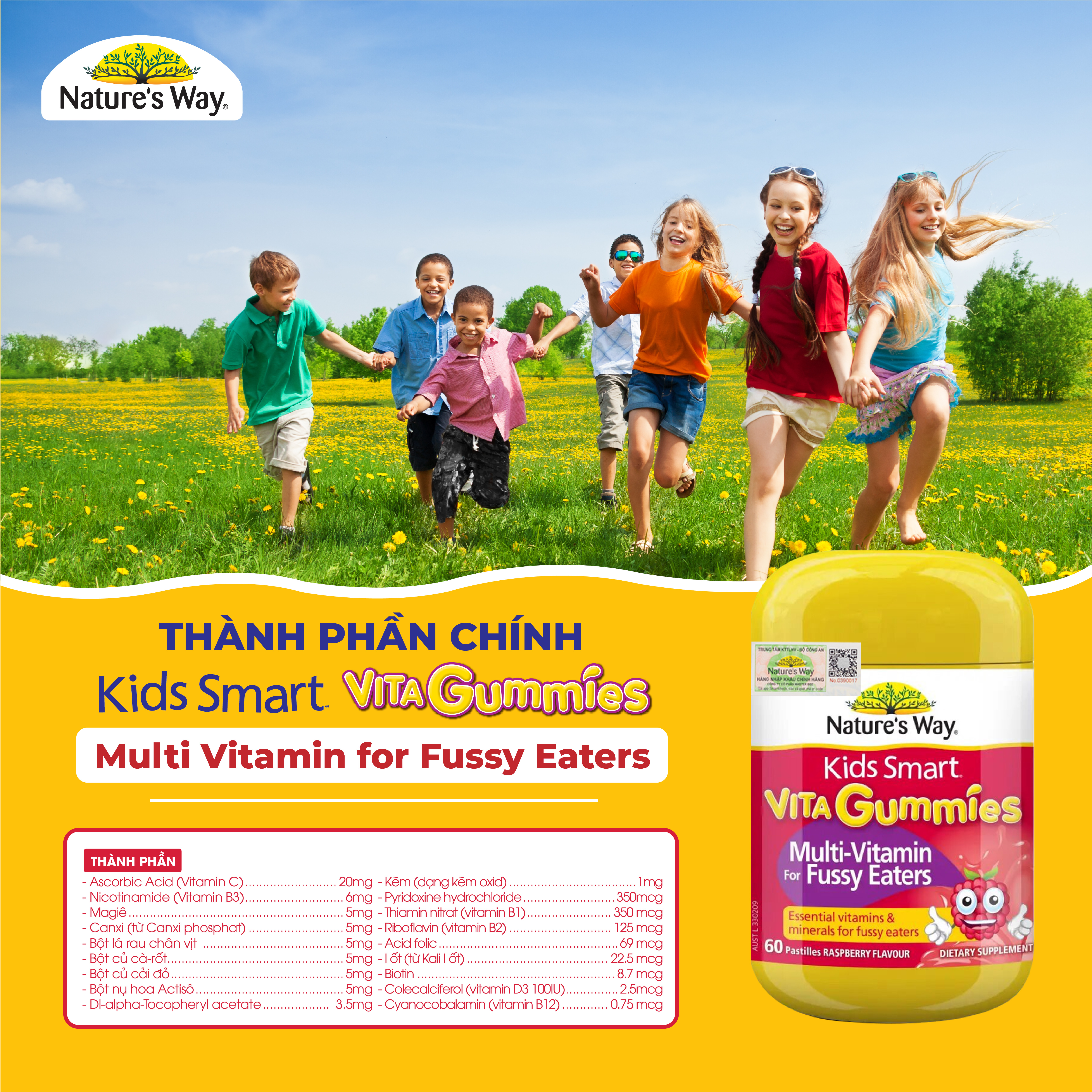 Kẹo Dẻo Vi Chất Cho Bé Nature's Way Kids Smart Vita Gummies Multi Vitamin for Fussy Eaters Kích Thích Ăn Ngon 60 Viên