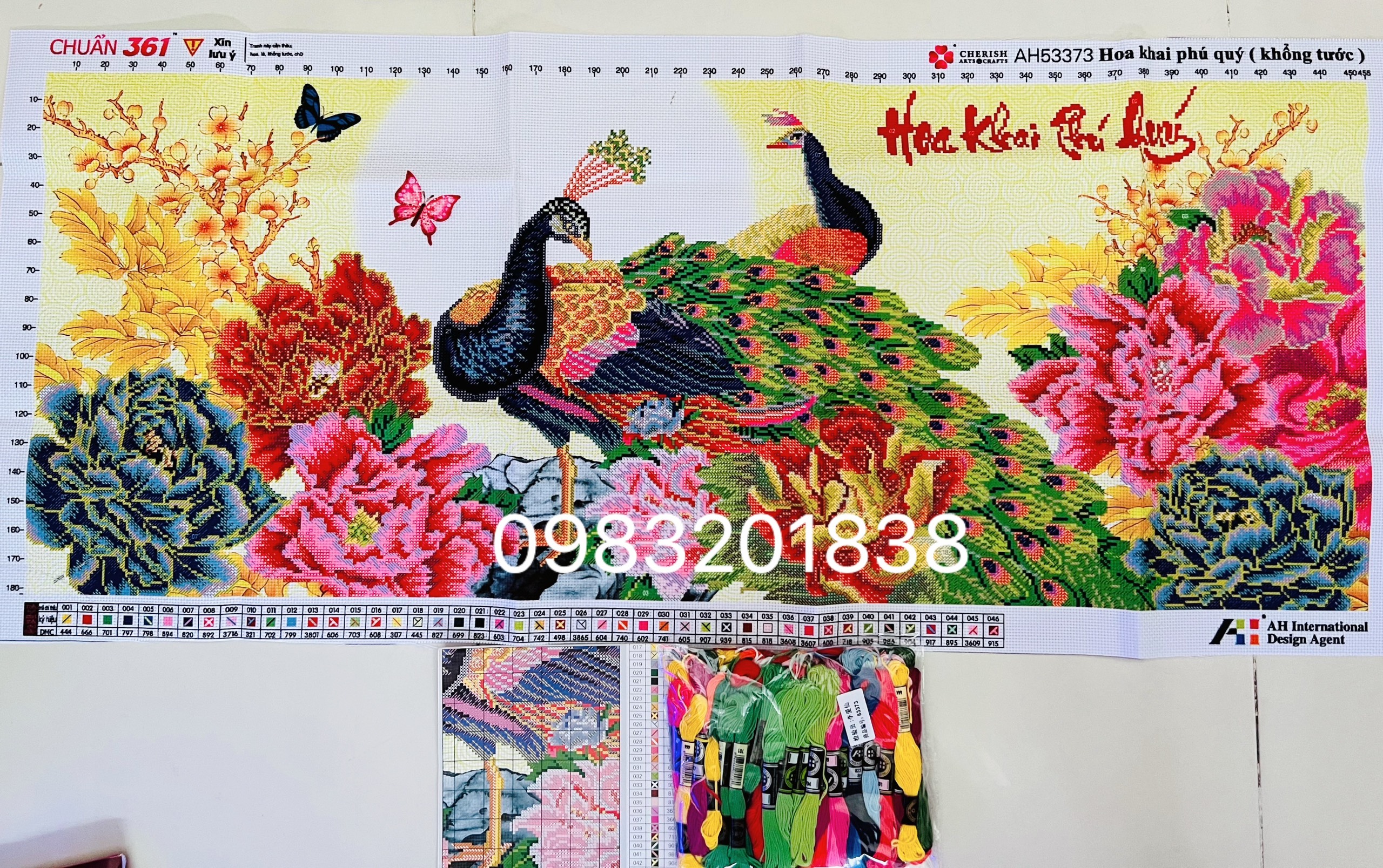 Tranh thêu chữ thập Hoa khai phú quý AL53373, tranh 3D, kích thước 115 x 52 cm
