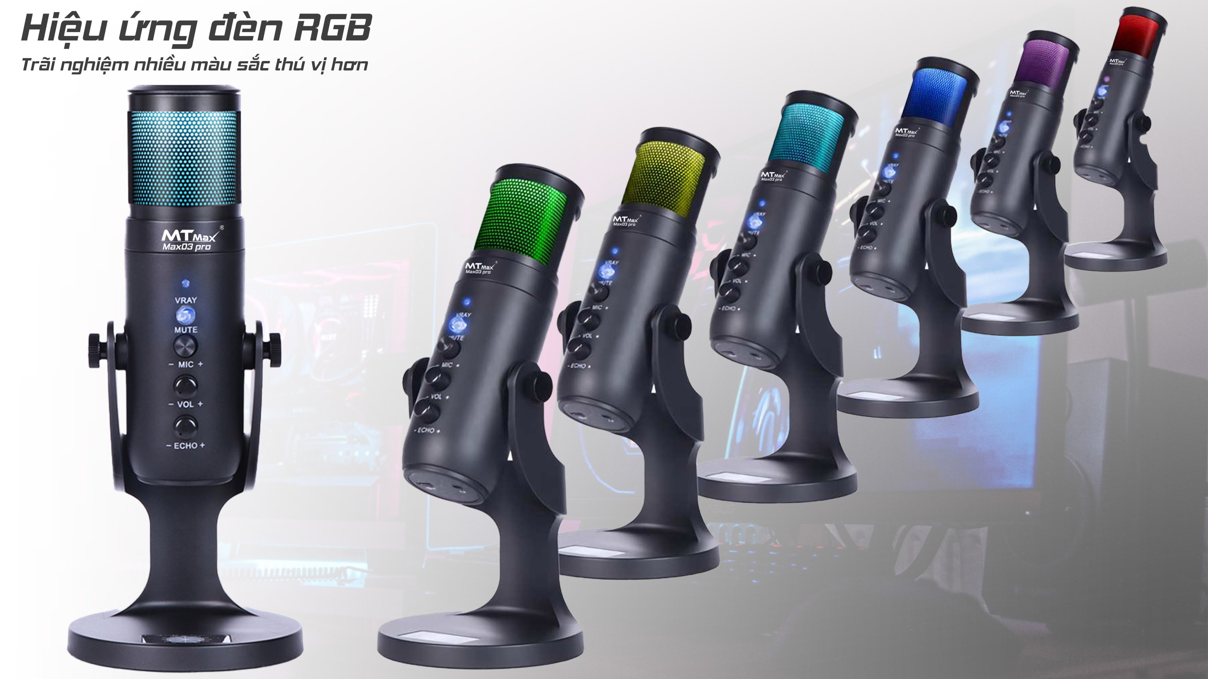 Micro thu âm mtmax max03 pro micro hoàn hảo cho streamer, nhà sáng tạo nội dung có echo kèm hiệu ứng đèn lọc tạp âm tốt độ nhạy cao phù hợp nhiều phần mềm hàng chính hãng