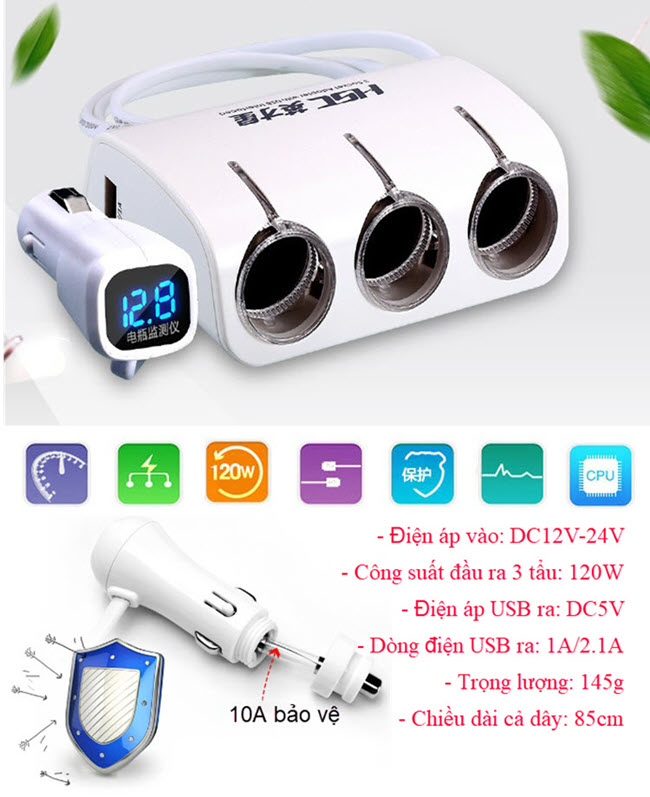 Chia tẩu Ô tô 3 cổng 120W có USB sạc và LED báo nguồn