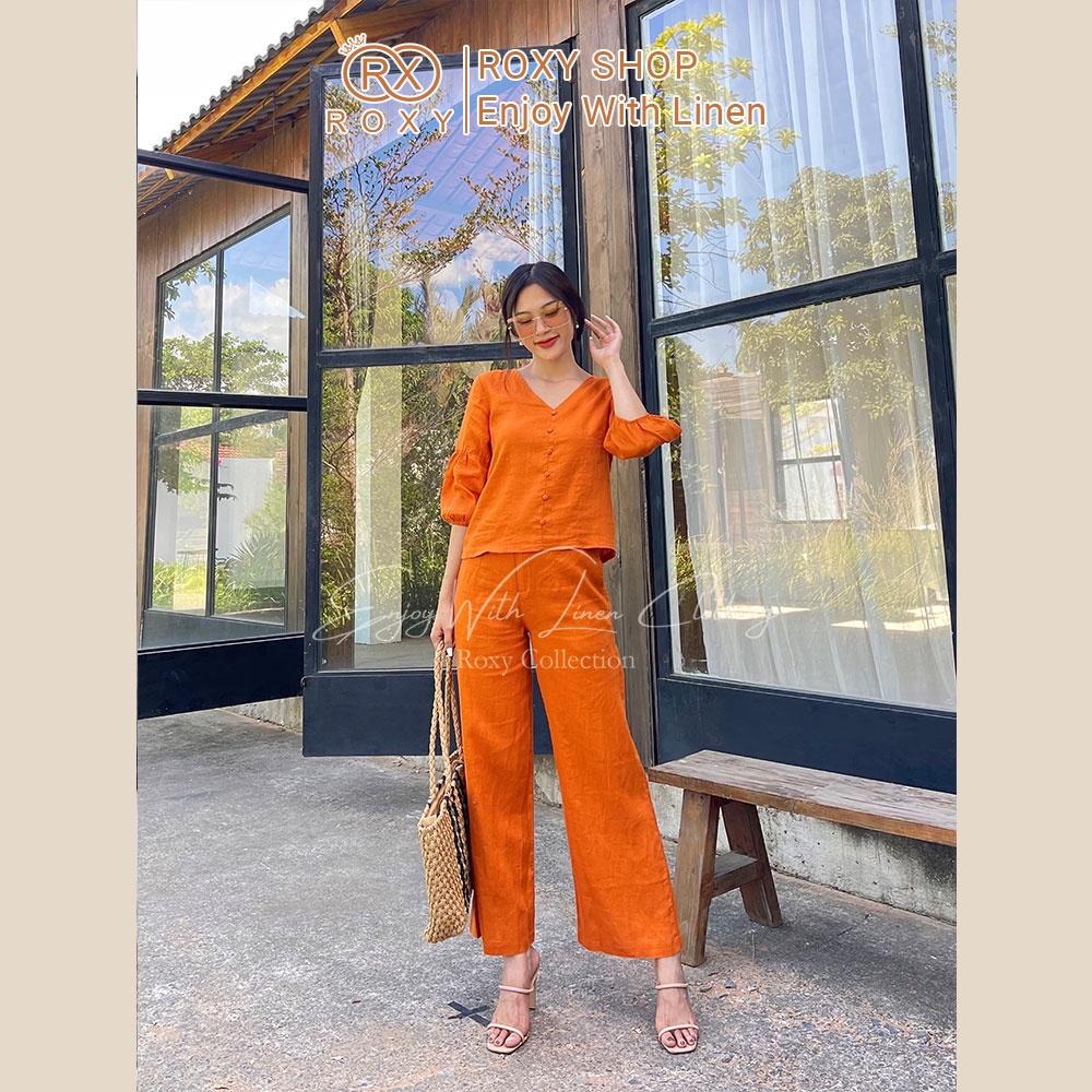 Set Bộ Linen Áo Tay Dài Cổ Tim Tay Dài Bo Chun Phối Quần Ống Suông