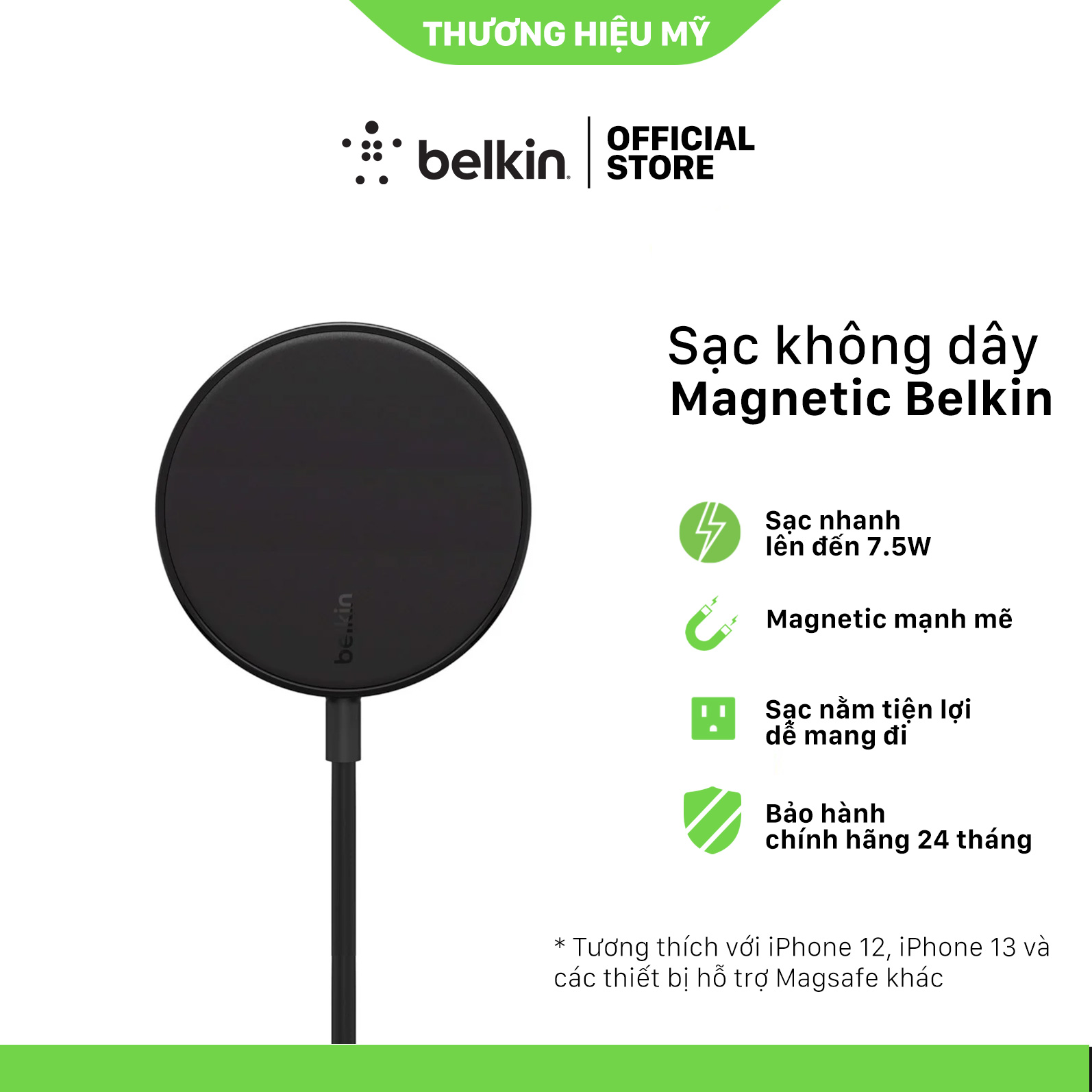 Đế sạc không dây BOOST↑CHARGE™ Magnetic Belkin 7.5W/10W chuẩn Qi, loại nằm - Hàng chính hãng - WIA005bt