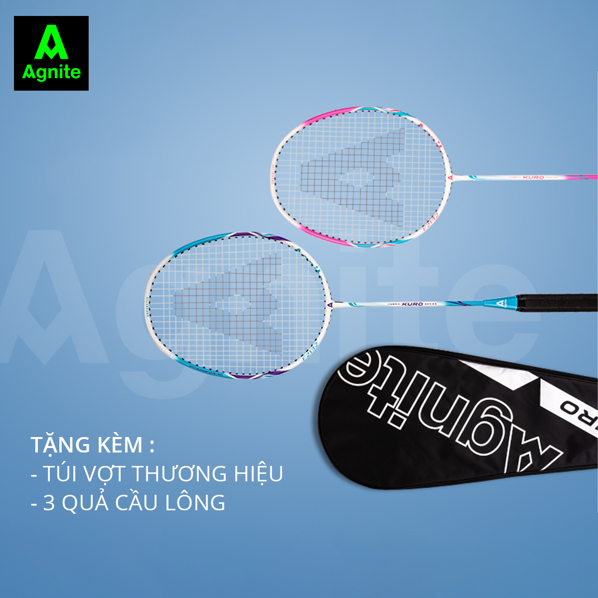 Cặp vợt cầu lông cán liền nhôm carbon siêu nhẹ chính hãng Agnite - Tặng hộp cầu nhựa và bao đựng - F2132