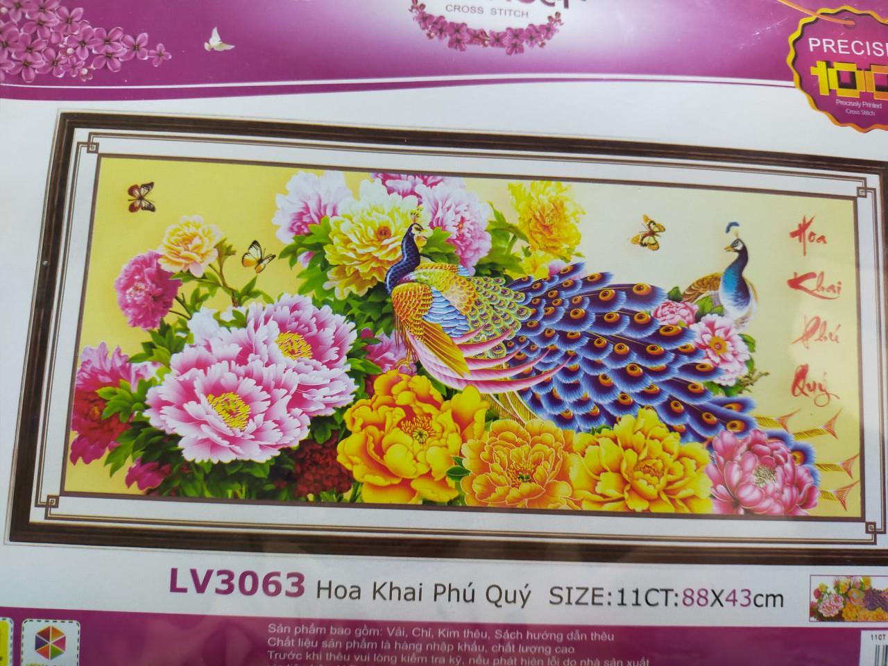 Tranh thêu chữ thập hoa khai phú quí LV3063 - 88 x 43 cm - chưa thêu