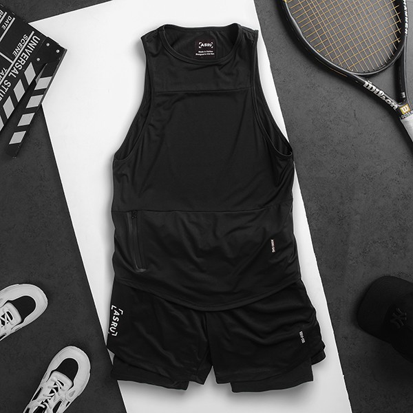 BỘ TẬP GYM NAM TANKTOP KẾT HỢP QUẦN TẬP GYM NAM 2 LỚP VÀ ÁO GYM 3 LỖ NAM - HIỆU ASRV