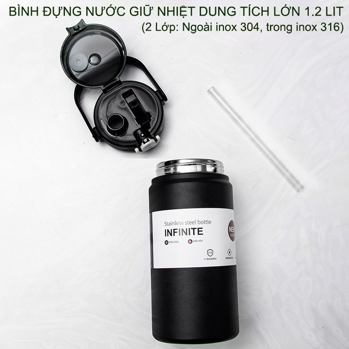 Bình đựng nước giữ nhiệt bằng inox 316 với 2 lớp giữ nhiệt 8-12 tiếng, có ống hút, dung tích 1.2 Lít