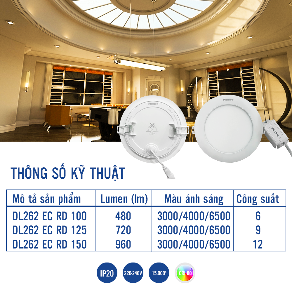 Bộ đèn Philips LED âm trần DL262 công suất