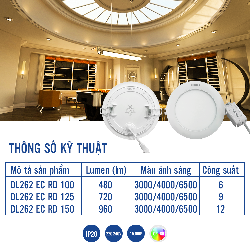 Bộ đèn Philips LED âm trần DL262 công suất (6W, 9W, 12W)