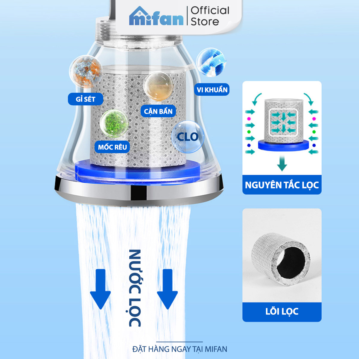 Đầu vòi rửa bát tăng áp lọc nước Mifan -  Lõi PP loại bỏ cặn bẩn, clo, màu và mùi, cổ xoay 360 bồn rửa chén