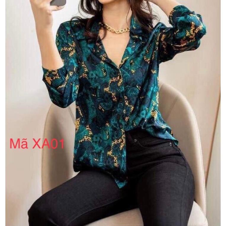 Áo sơ mi lụa Satin️ màu xanh hoạ tiết phôm dài