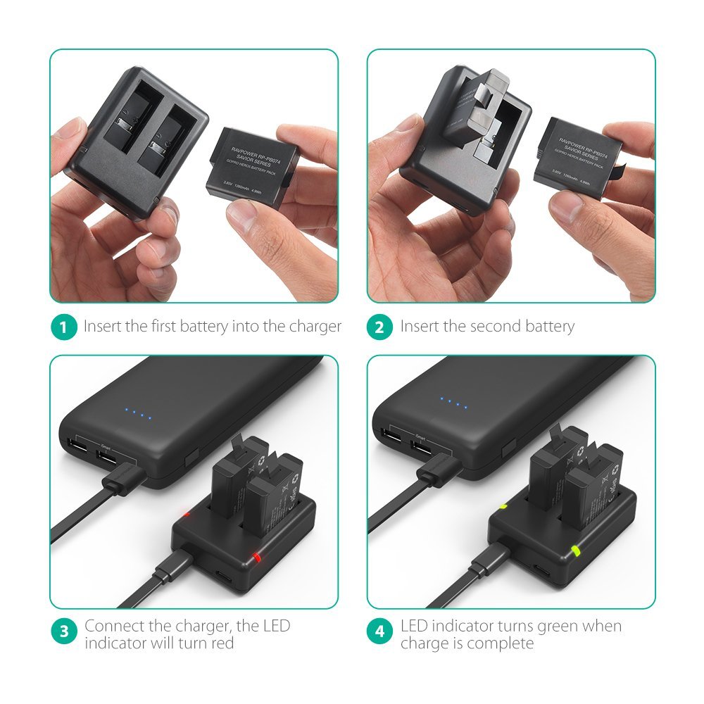 Bộ 2 pin và sạc đôi RavPower RP-PB074 cho Gopro Hero 7 Hero 6 Hero 5 Black - Hàng chính hãng