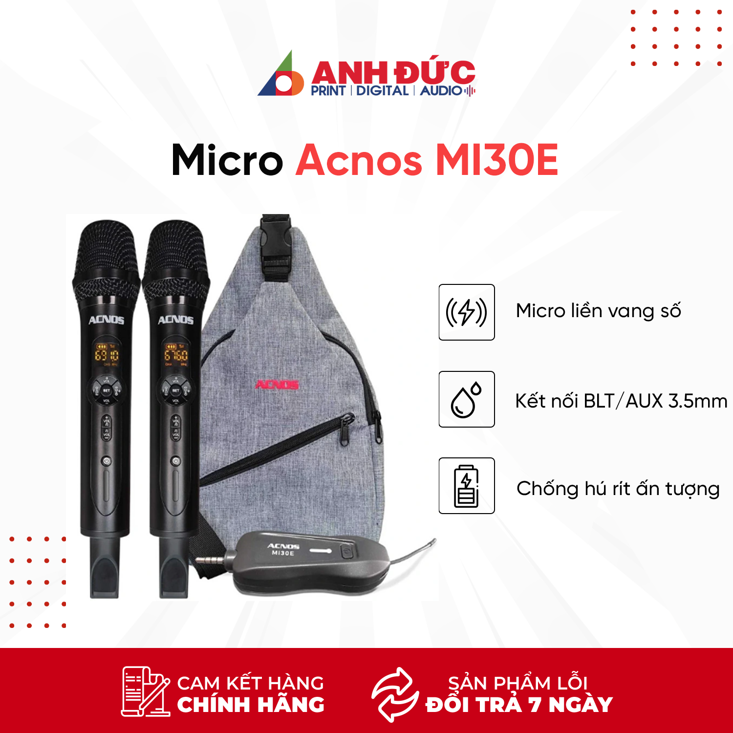 Micro Không Dây Acnos MI30E (2 Micro UHF + Vang Số Chỉnh Cơ Tích Hợp) - Hàng Chính Hãng